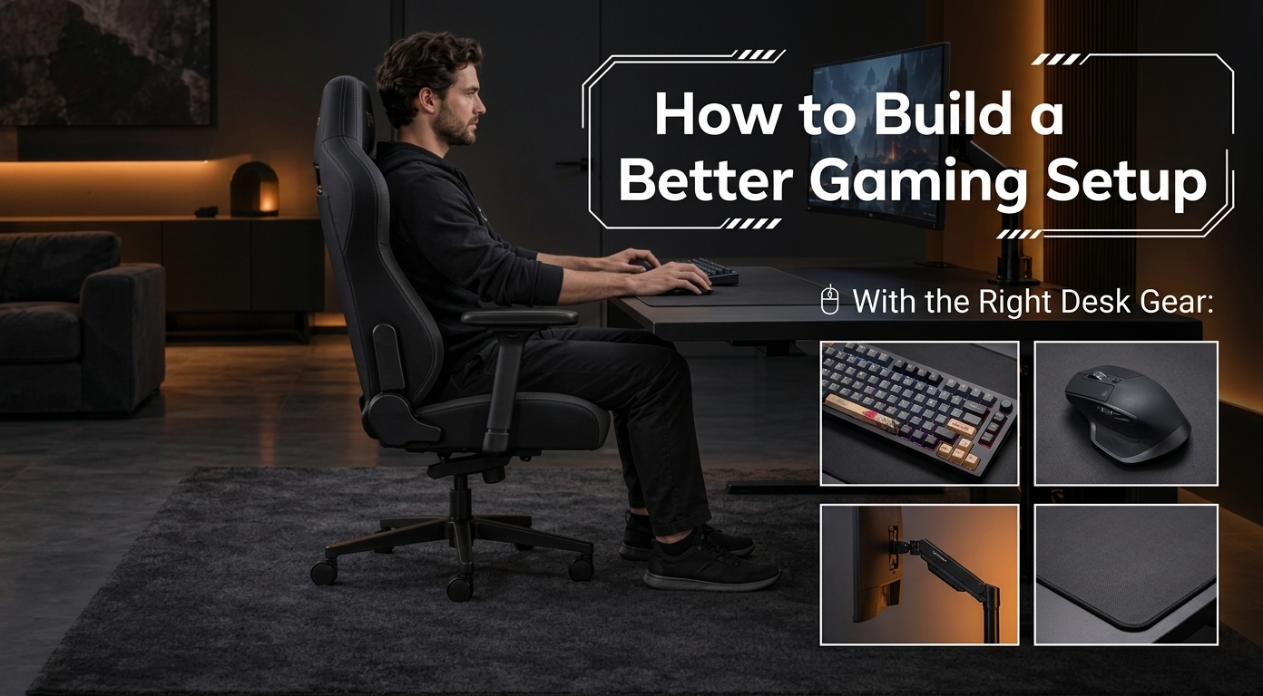 Gaming desk setup with a glass mousepad and premium accessories from ATK Gaming Gear